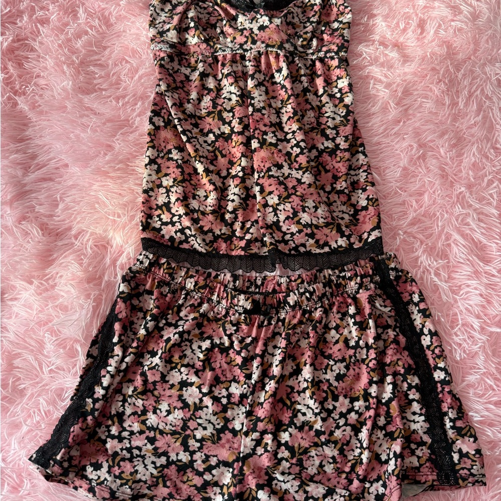 Floral Pink and Black Pajama Set